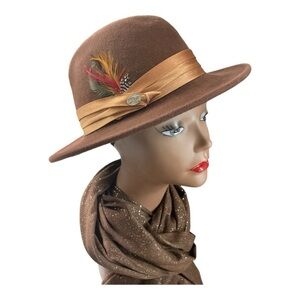 Unisex Vintage wool fedora with multi colored feathers and satin ribbon trim S/M
